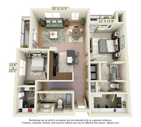 Floor plan for 2 beds, 2 baths, 1328 sqft